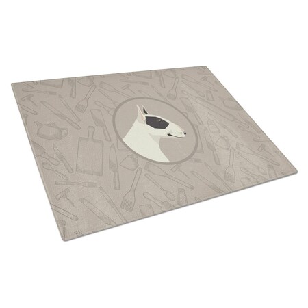 Carolines Treasures Black & White Bull Terrier in the Kitchen Glass Cutting Board Large CK2174LCB